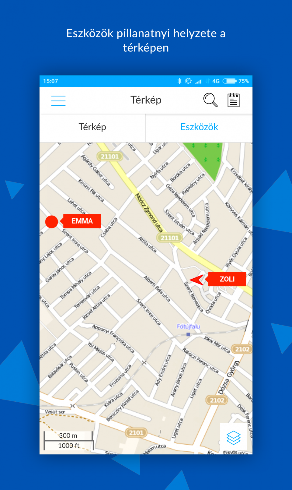 <p>Eszközök pillanatnyi helye a térképen</p> FLEXCOM Nyomkövető szoftver android és iphone