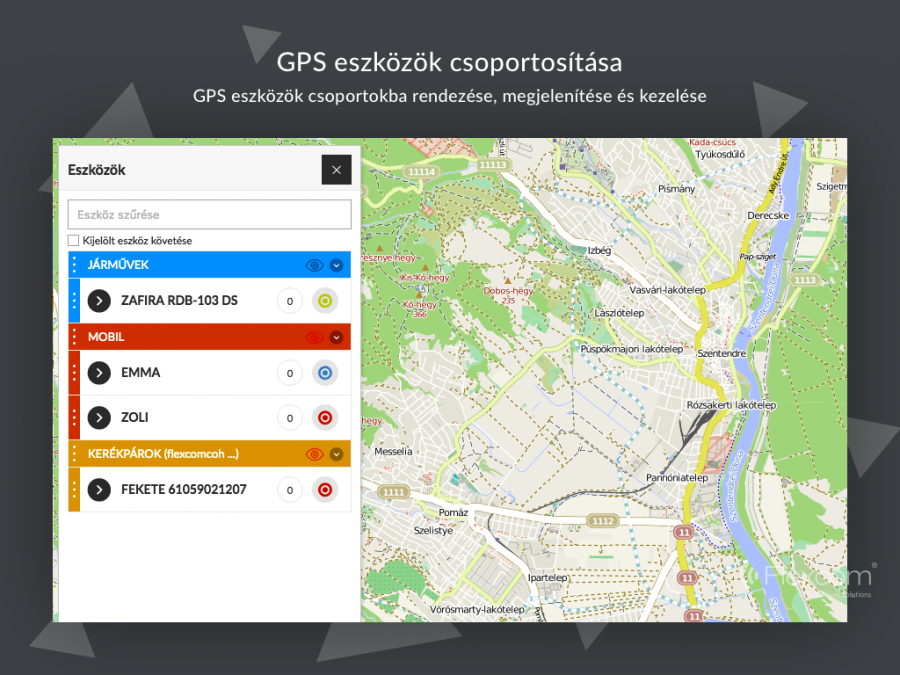  GPS eszközök csoportba rendezése, megjelenítése és kezelése  FLEXCOM Nyomkövető szoftver asztali és mac